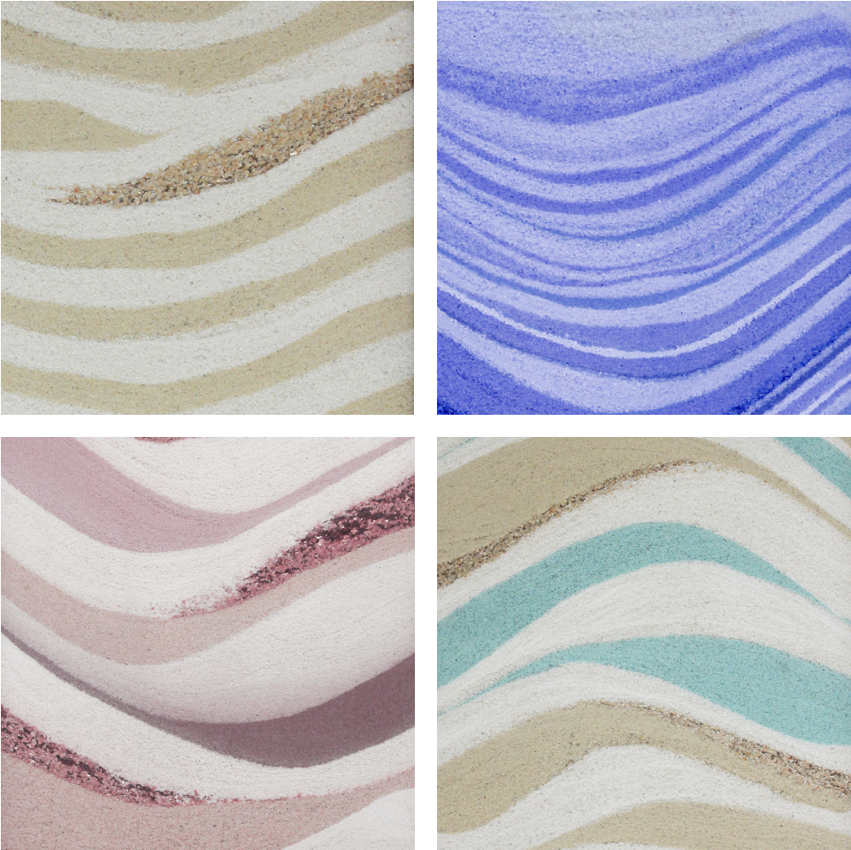 The image shows four different examples of new kinds of Sand Art paterns and colors